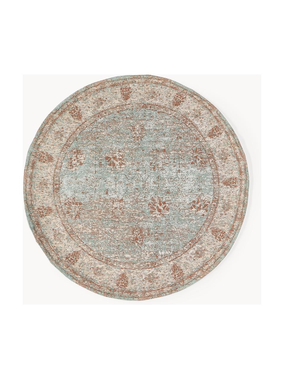 Tapis rond vintage chenille tissé main Rimini, Turquoise, taupe, brun, Ø 120 cm (taille S)