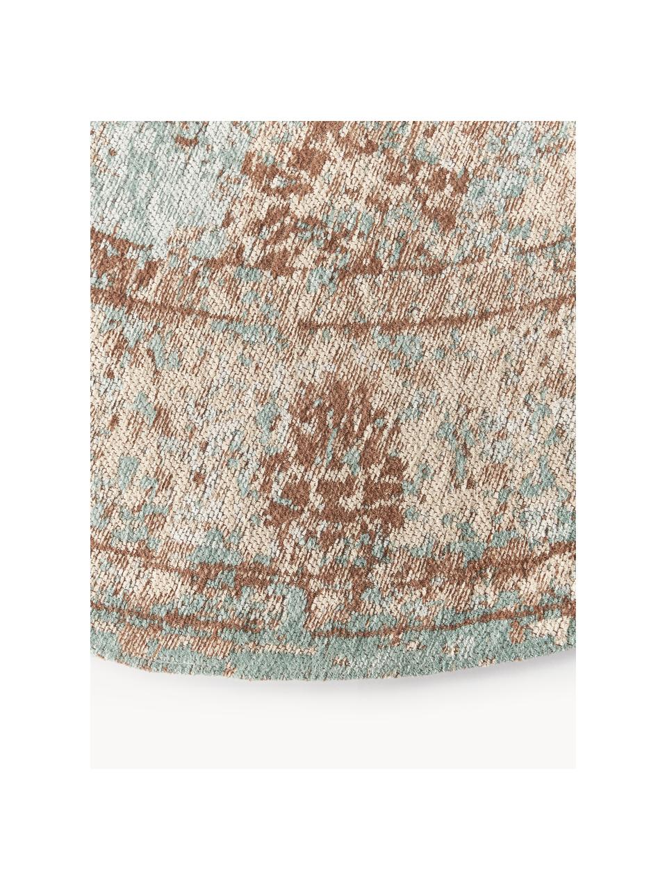 Tapis rond vintage chenille tissé main Rimini, Turquoise, taupe, brun, Ø 120 cm (taille S)