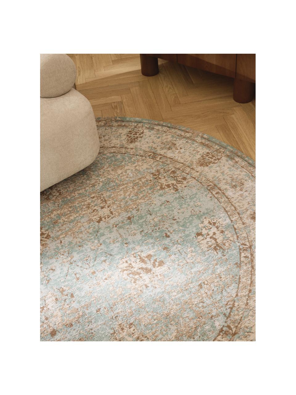 Tapis rond vintage chenille tissé main Rimini, Turquoise, taupe, brun, Ø 120 cm (taille S)