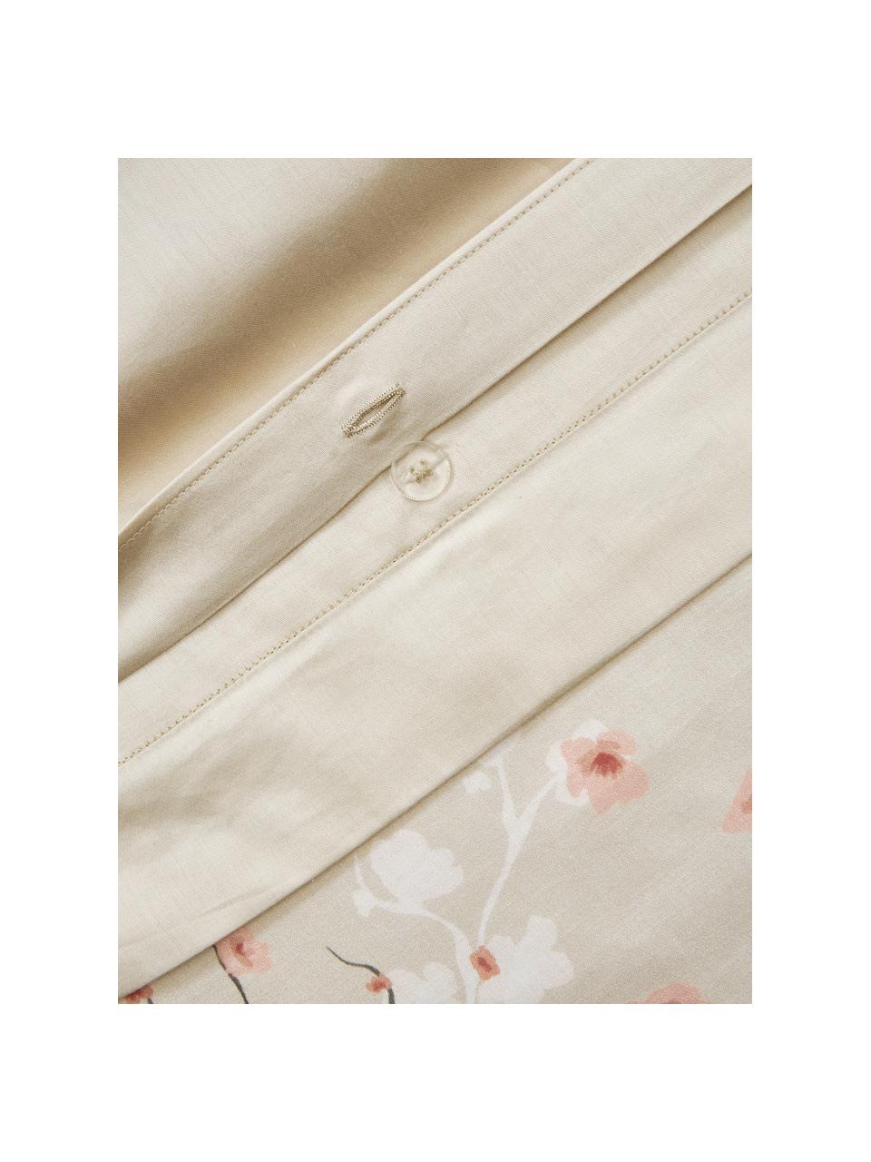 Housse de couette en satin de coton à motif floral Sakura, Beige, rose, blanc, larg. 260 x long. 240 cm
