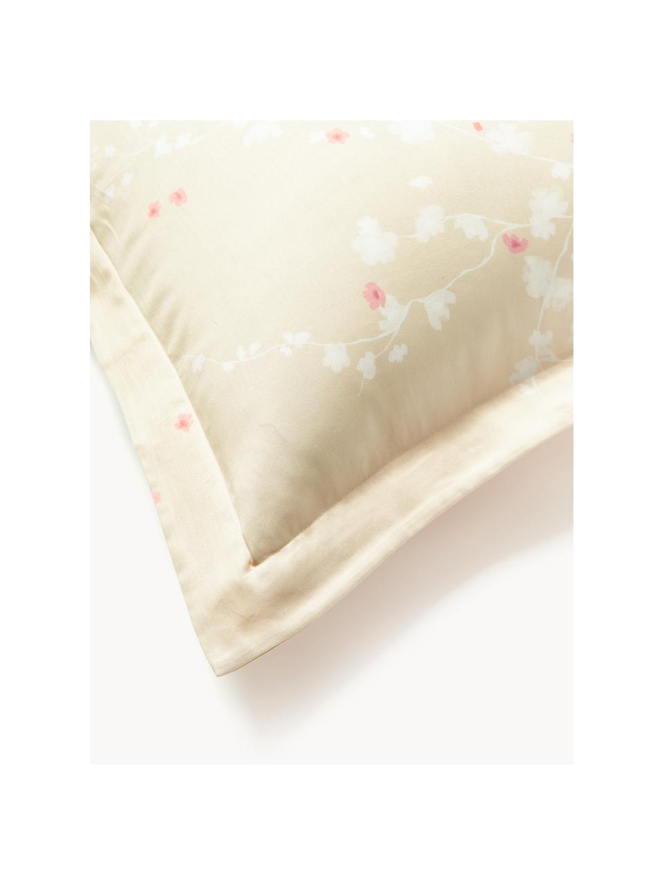Housse de couette en satin de coton à motif floral Sakura, Beige clair, rose pâle, blanc, larg. 260 x long. 240 cm