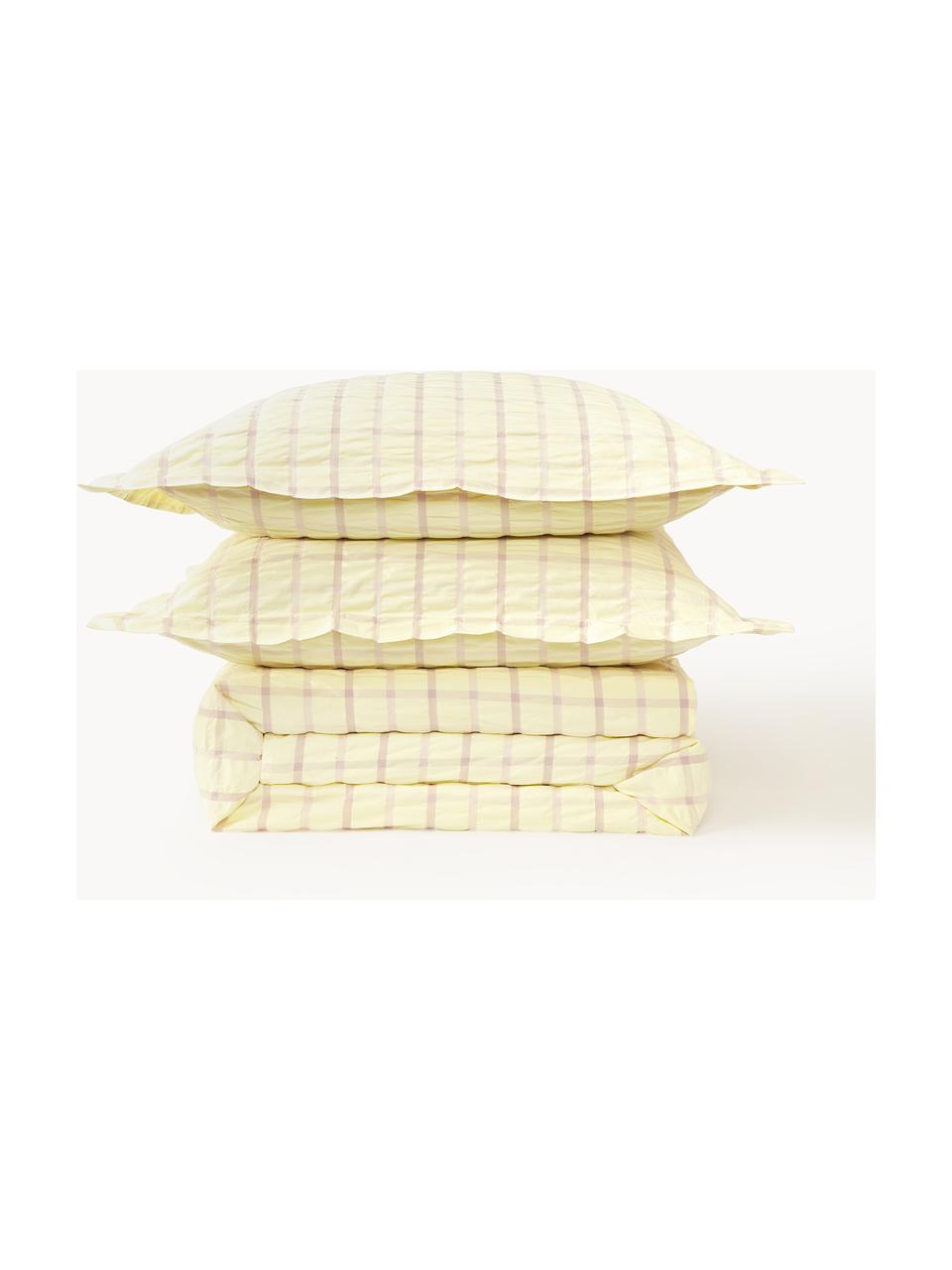 Housse de couette en coton seersucker à carreaux Leonita, Jaune pâle, lavande, larg. 140 x long. 200 cm