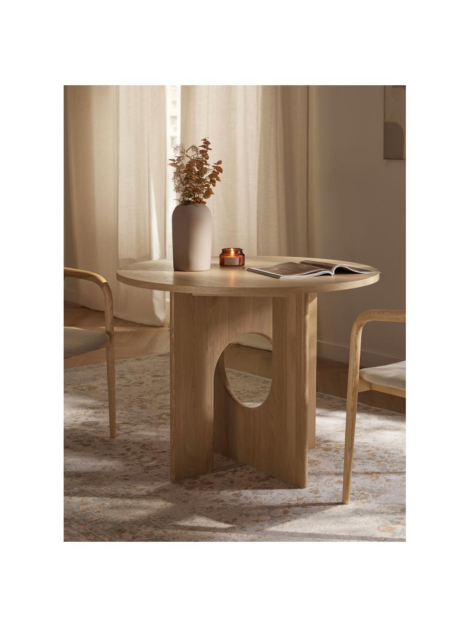 Ronde eettafel Apollo, in verschillende formaten, Tafelblad: gelakt eikenhoutfineer, Poten: eikenhout, gelakt, metaal, Gelakt eikenhout, Ø 100 cm