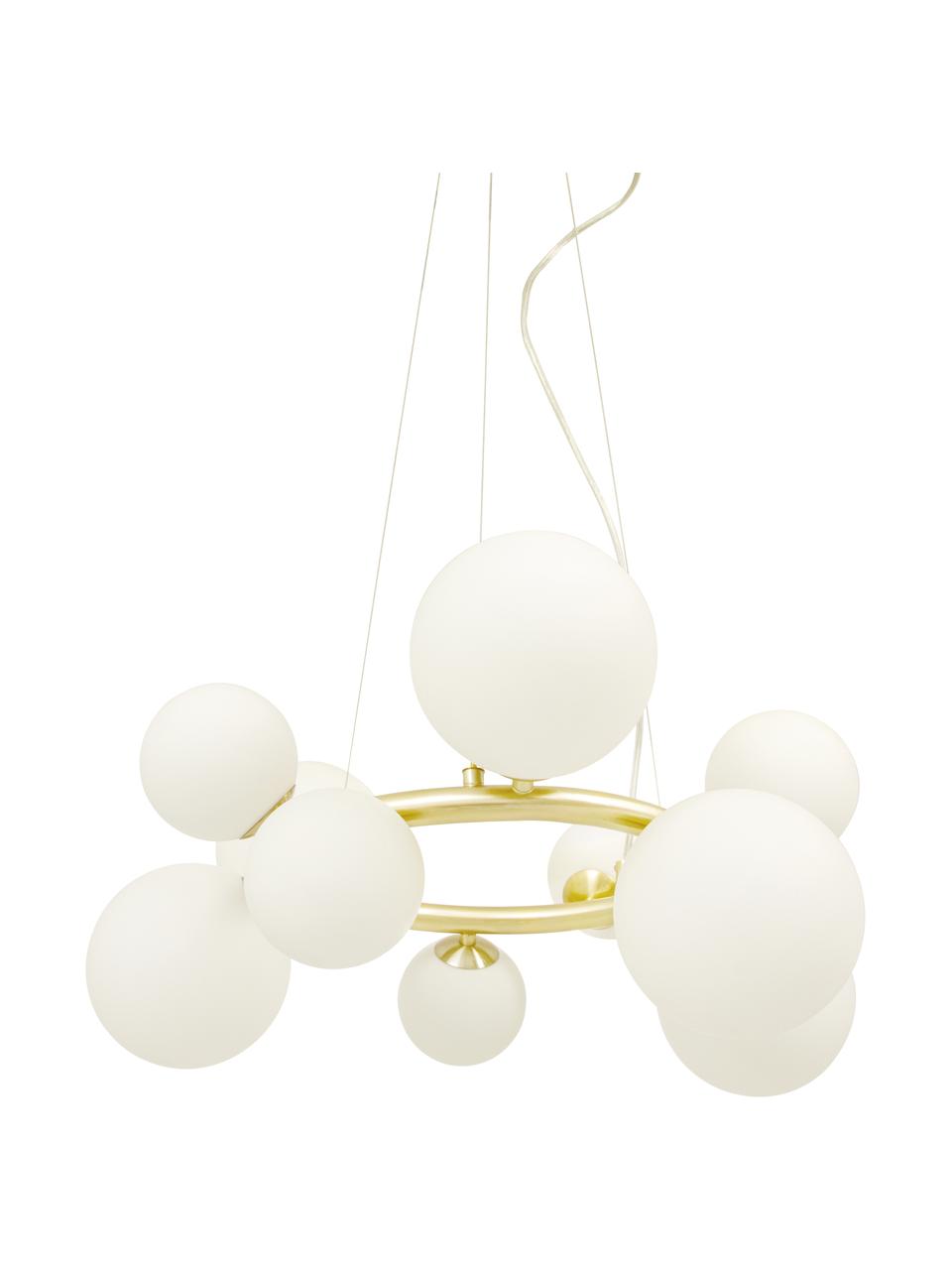 Ronde hanglamp Molekyl van opaalglas, Baldakijn: gecoat metaal, Goudkleurig, wit, Ø 50 x H 27 cm