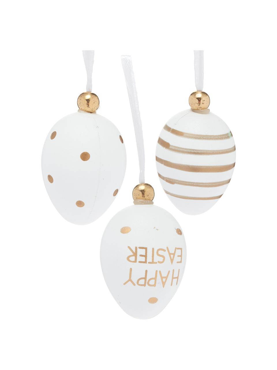 Œuf de Pâques à suspendre Happy Easter, 6 élém., Plastique, Blanc, couleur dorée, Ø 3 x haut. 4 cm