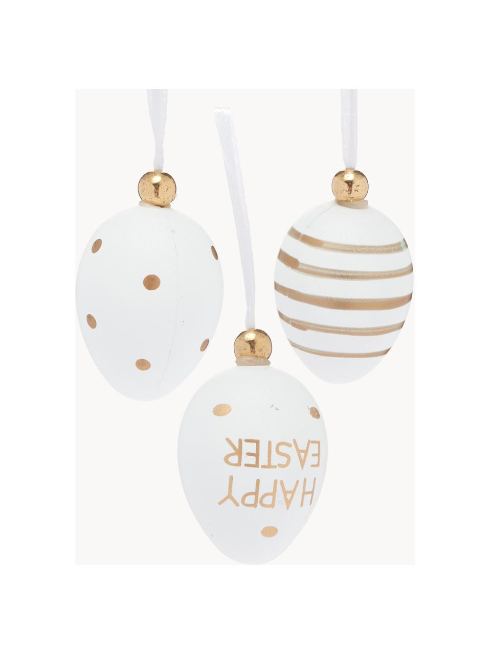 Decoratieve hangersset Happy Easter, set van 6, Kunststof, Wit, goudkleurig, Ø 3 x H 4 cm