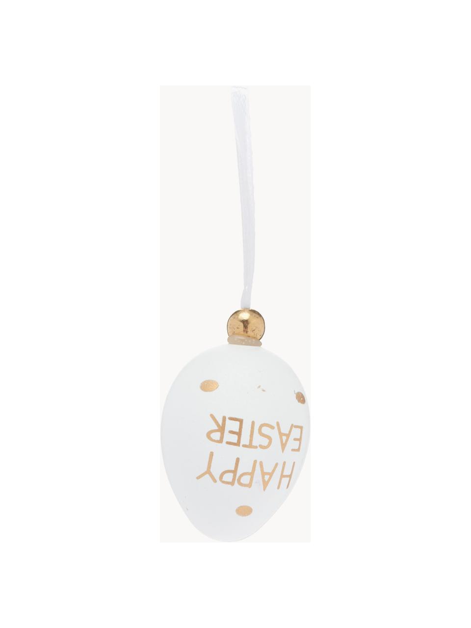 Decoratieve hangersset Happy Easter, set van 6, Kunststof, Wit, goudkleurig, Ø 3 x H 4 cm