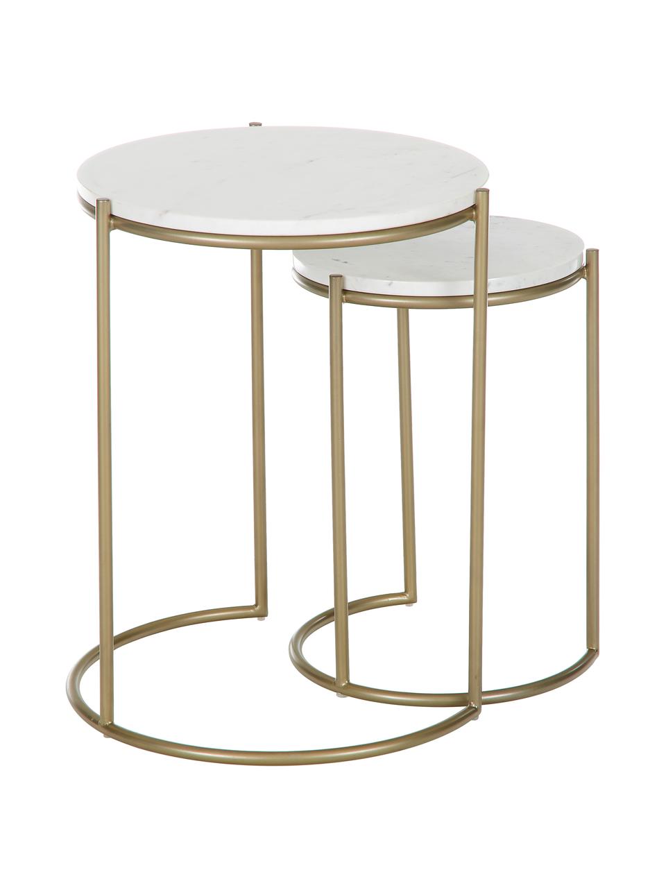 Marmeren bijzettafelset Ella, 2-delig, Frame: gepoedercoat metaal, Wit, gemarmerd, goudkleurig, Set met verschillende formaten