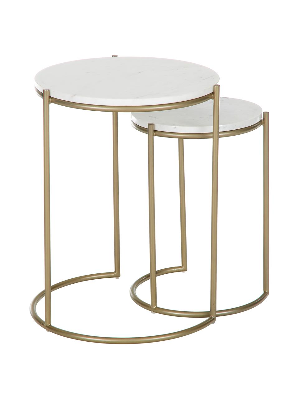 Set 2 tavolini in marmo Ella, Ripiani: marmo, Struttura: metallo verniciato a polv, Bianco marmorizzato, dorato, Set in varie misure