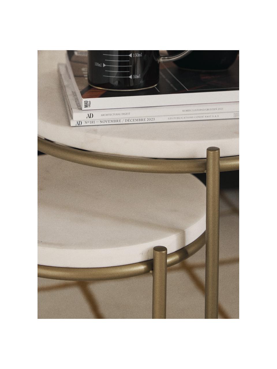 Set de mesas auxiliares de mármol Ella, 2 pzas., Tablero: mármol, Estructura: metal con pintura en polv, Mármol blanco, dorado, Set de diferentes tamaños