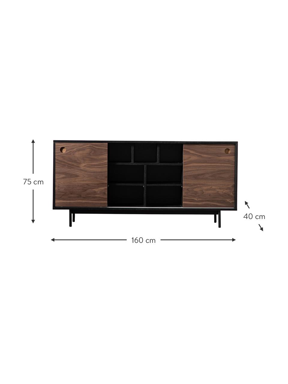 Houten dressoir Barbican met 2 schuifdeuren, Poten: metaal, gepoedercoat, Donker hout, zwart, B 160 x H 75 cm