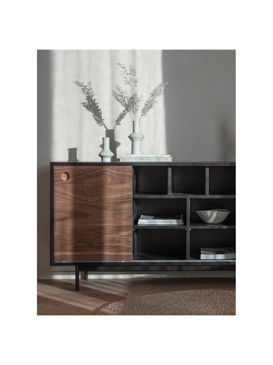 Credenza in legno con 2 ante scorrevoli Barbican, Gambe: metallo verniciato a polv, Legno scuro, nero, Larg. 160 x Alt. 75 cm