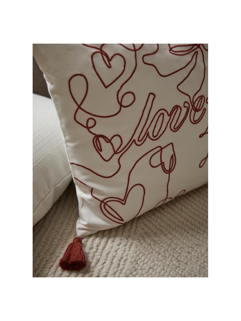 Copricuscino ricamato con motivo natalizio Alora, 100% cotone, Bianco, rosso, Larg. 45 x Lung. 45 cm