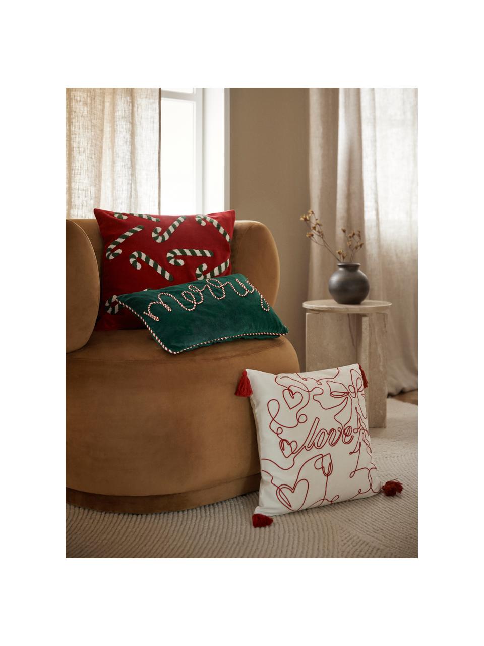 Copricuscino ricamato con motivo natalizio Alora, 100% cotone, Bianco, rosso, Larg. 45 x Lung. 45 cm