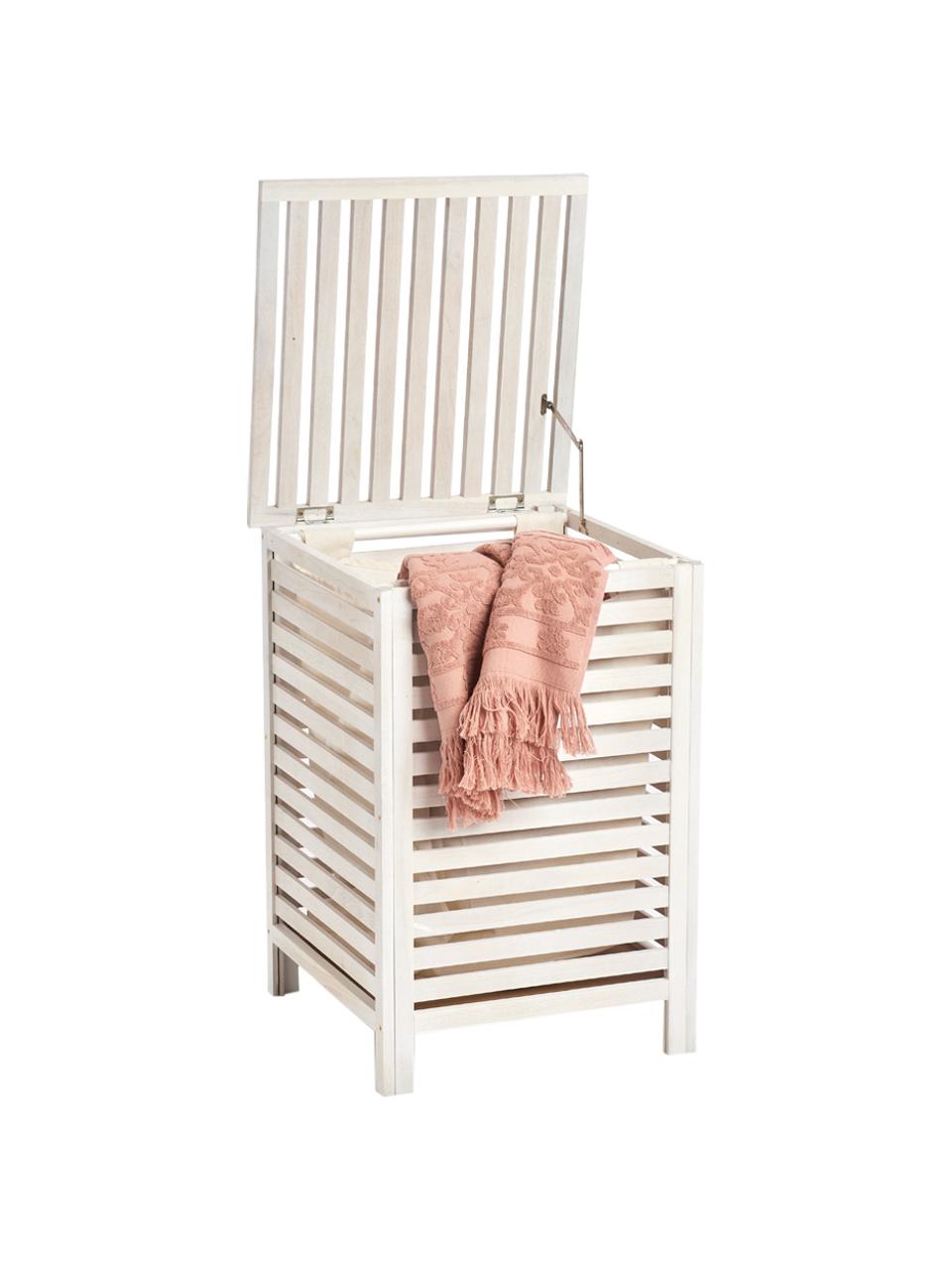 Panier à linge en bois avec housse en tissu Walna, Blanc, larg. 45 x haut. 66 cm