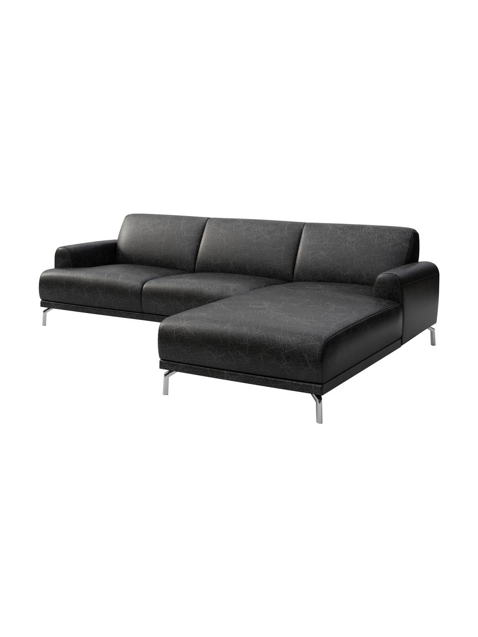Sofa narożna ze skóry Puzo, Tapicerka: 100% skóra, Nogi: metal lakierowany, Czarny z wykończeniem vintage, S 240 x G 165 cm