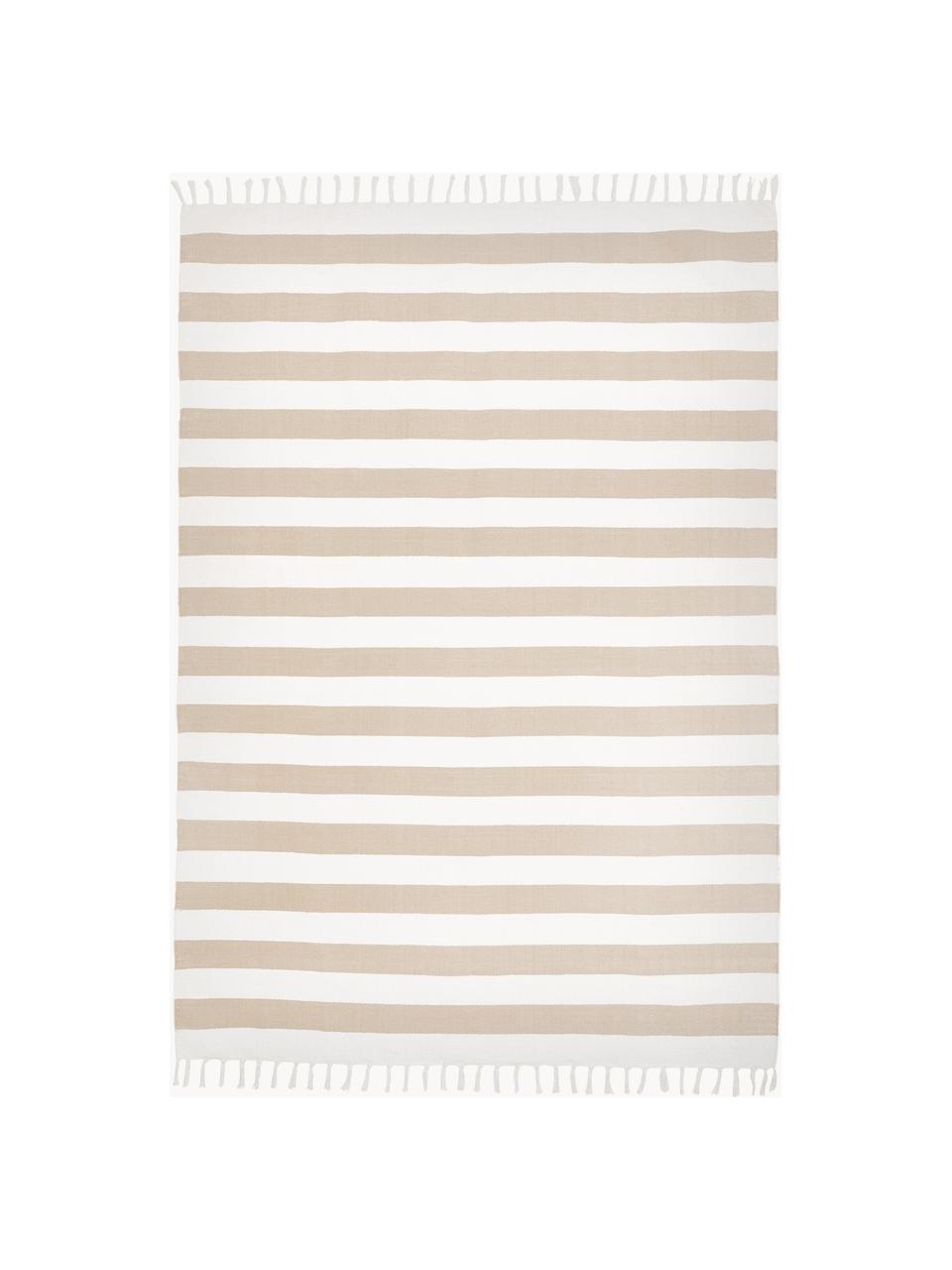 Tapis à rayures en coton, tissé à la main, 100 % coton, certifié GRS, Blanc crème, taupe, larg. 70 x long. 140 cm (taille XS)