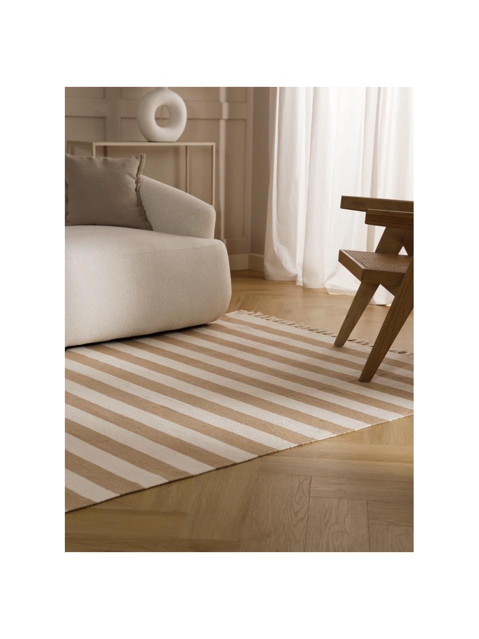 Tappeto in cotone a righe tessuto a mano Blocker, 100% cotone certificato GRS, Bianco crema, taupe, Larg. 70 x Lung. 140 cm (taglia XS)