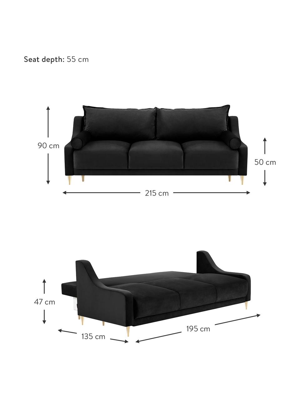 Canapé convertible 3 places avec rangement Lea, Velours noir, couleur laitonnée, larg. 215 x prof. 94 cm