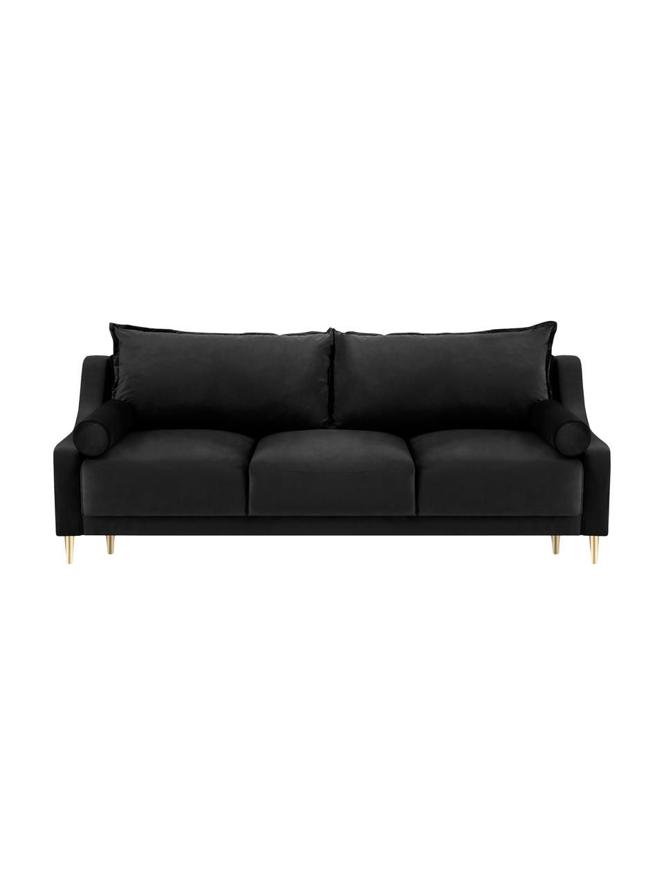 Canapé convertible 3 places avec rangement Lea, Velours noir, couleur laitonnée, larg. 215 x prof. 94 cm