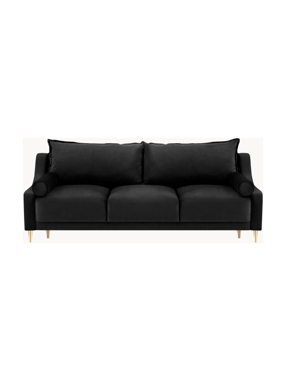 Divano letto 3 posti in velluto nero con contenitore Lea, Rivestimento: velluto di poliestere Il , Piedini: metallo verniciato a polv, Velluto nero, ottonato, Larg. 215 x Alt. 94 cm