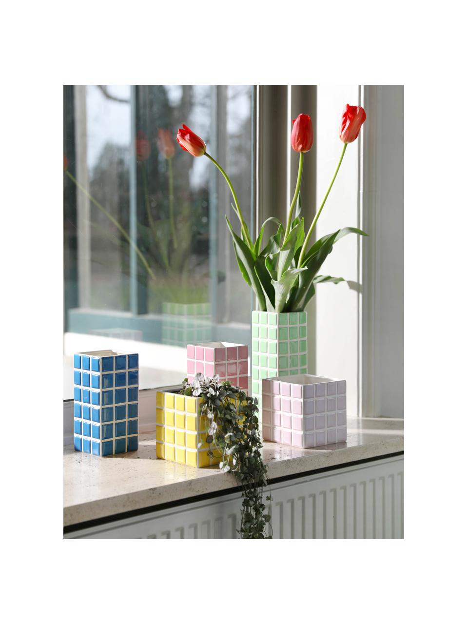 Design-Vase Tile mit Fliesenoptik, Dolomitstein, Hellgrün, Weiß, B 11 x H 28 cm