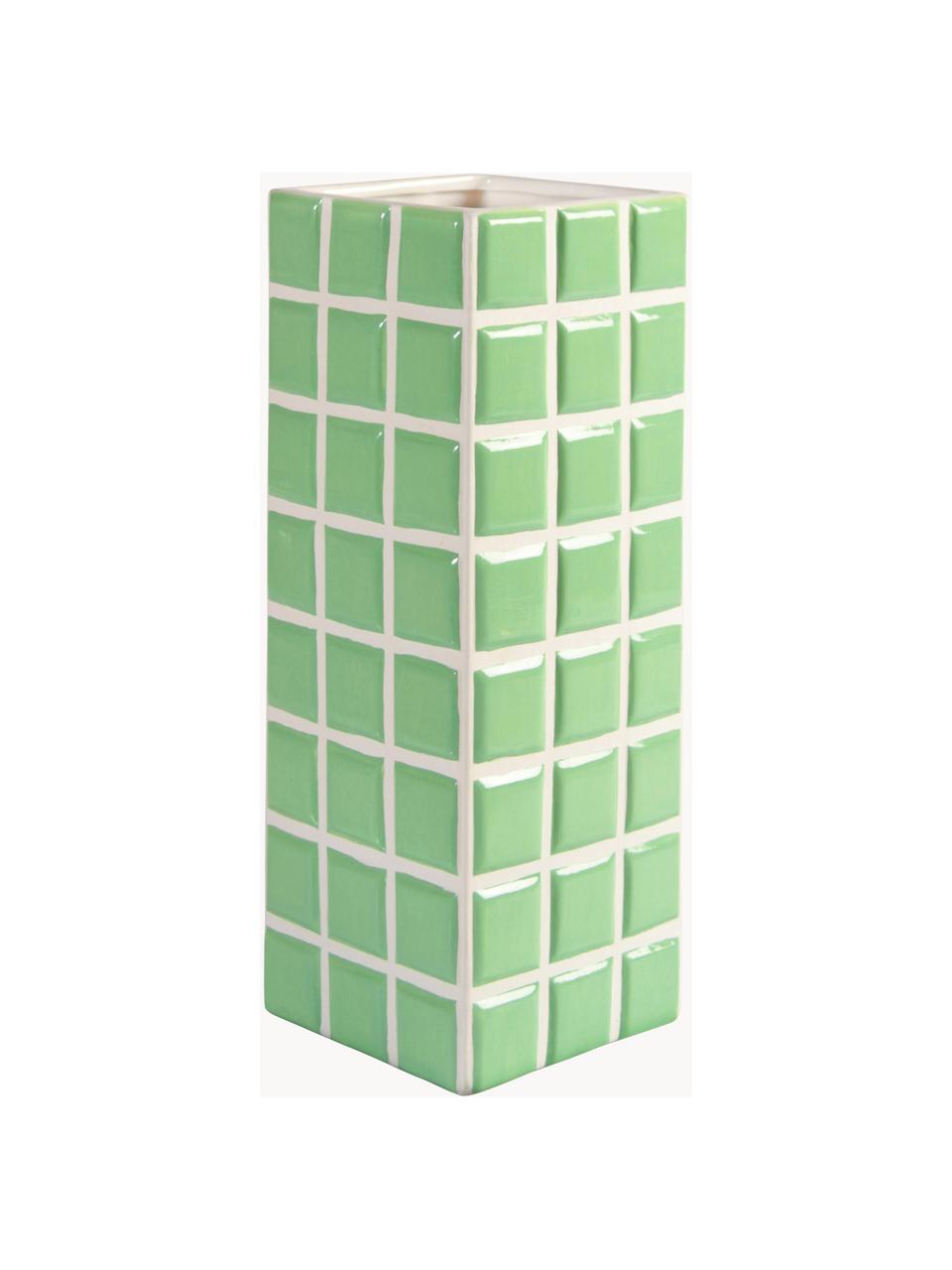 Design-Vase Tile mit Fliesenoptik, Dolomitstein, Hellgrün, Weiß, B 11 x H 28 cm