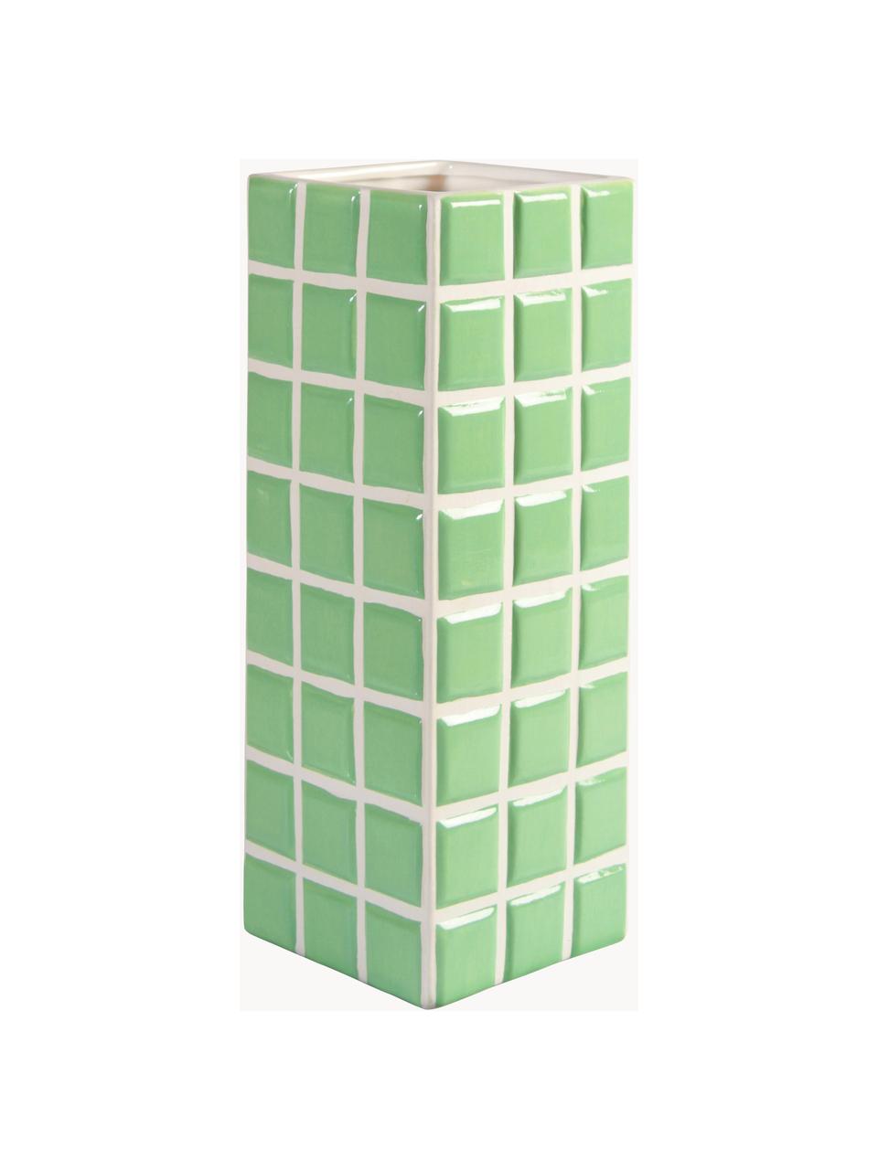 Vaso di design effetto piastrellato Tile, alt. 28 cm, Pietra dolomitica, Verde chiaro, bianco, Larg. 11 x Alt. 28 cm