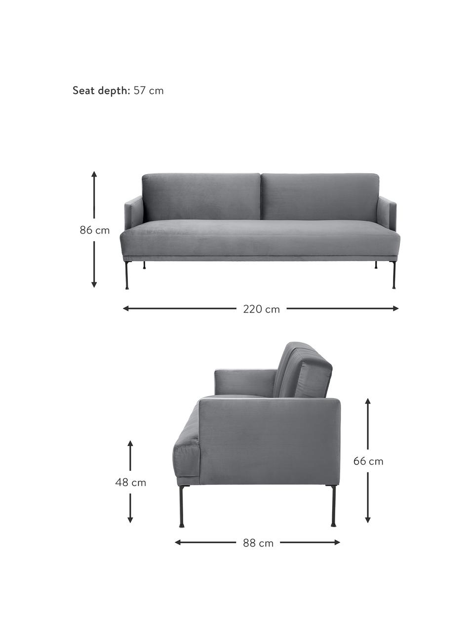 Sofa rozkładana z aksamitu z metalowymi nogami Fluente (3-osobowa), Tapicerka: aksamit (wysokiej jakości, Stelaż: lite drewno sosnowe z cer, Nogi: metal malowany proszkowo, Ciemnoszary aksamit, S 220 x W 86 cm