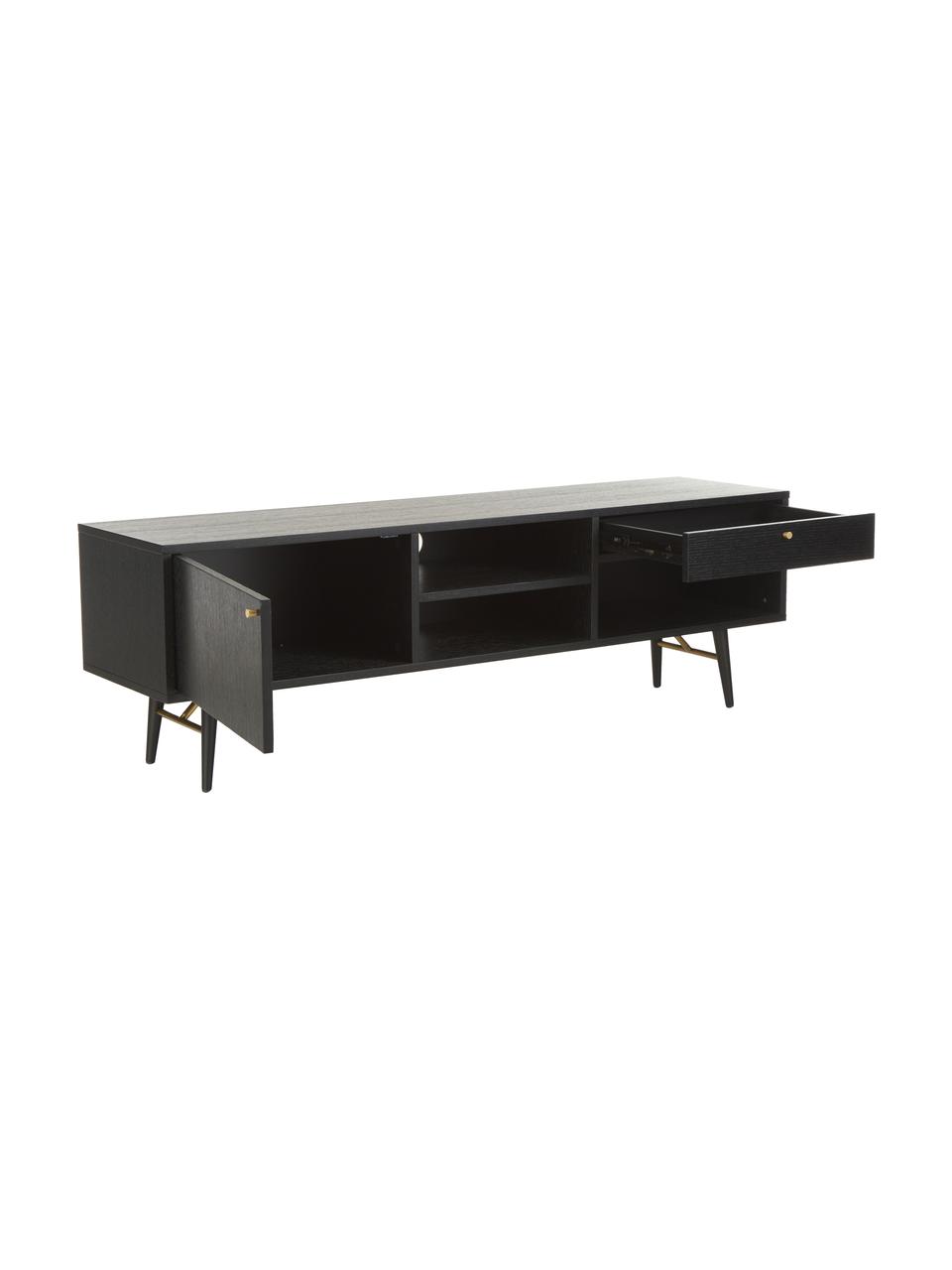 Zwart tv-meubel Verona, Frame: gelakt MDF met eikenhoutf, Poten: gepoedercoat metaal, Zwart, B 160 x H 50 cm