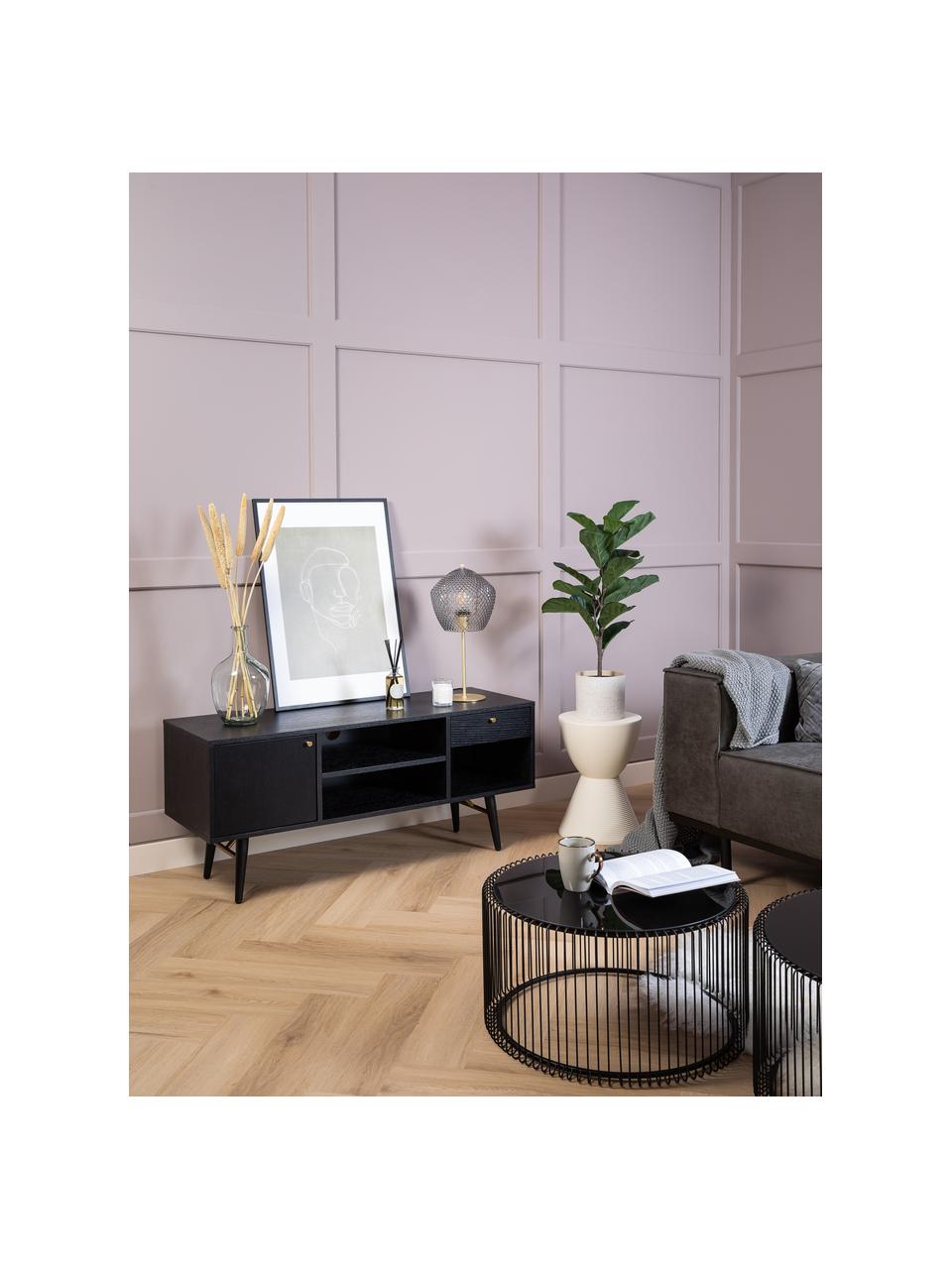 Zwart tv-meubel Verona, Frame: gelakt MDF met eikenhoutf, Poten: gepoedercoat metaal, Zwart, B 160 x H 50 cm