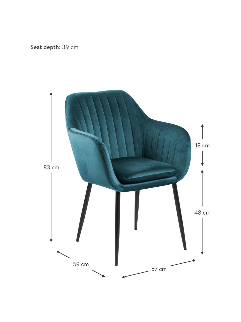 Sametová židle s područkami a kovovými nohami Emilia, Modrozelená, černá, Š 57 cm, H 59 cm
