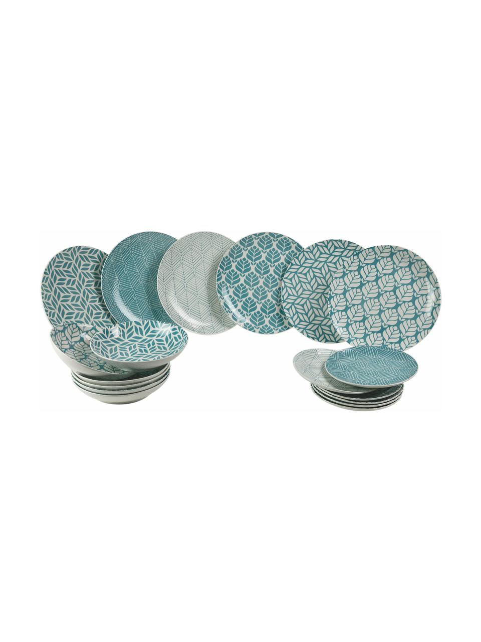 Vajilla Bali Leaf, 6 comensales (18 pzas.), Porcelana, Azul, blanco, Set de diferentes tamaños