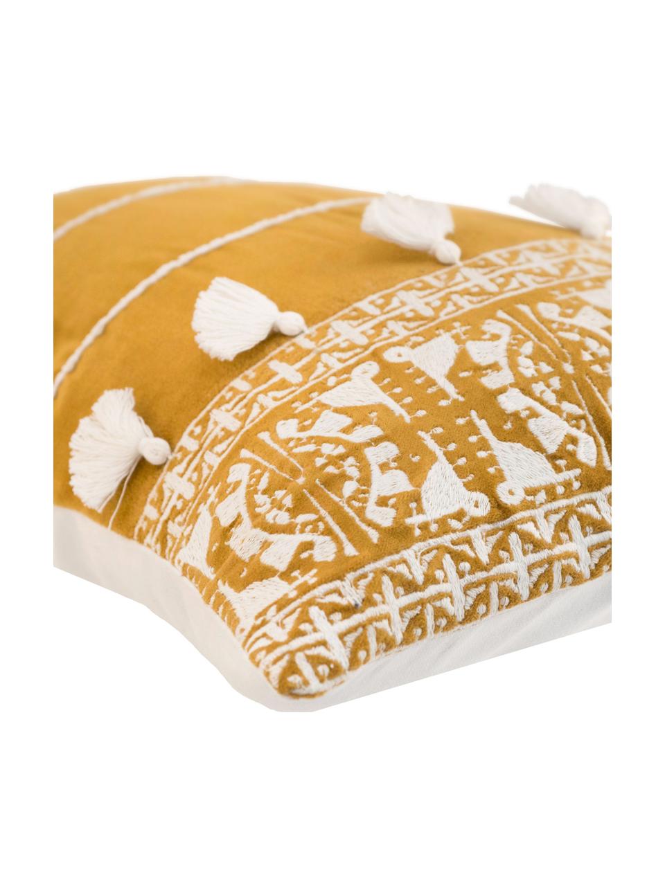 Kissenhülle Neo Berbère mit Stickerei und Quasten, 50% Baumwolle, 50% Polyester, Gelb, Weiß, 30 x 50 cm