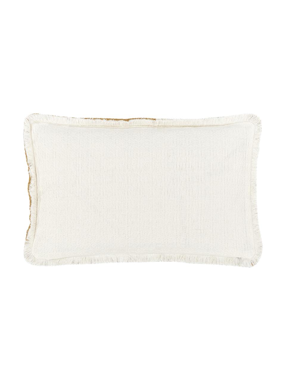 Dubbelzijdige kussenhoes Loran in geel met decoratieve franjes, 100% katoen, Mosterdgeel, crèmewit, B 30 x L 50 cm
