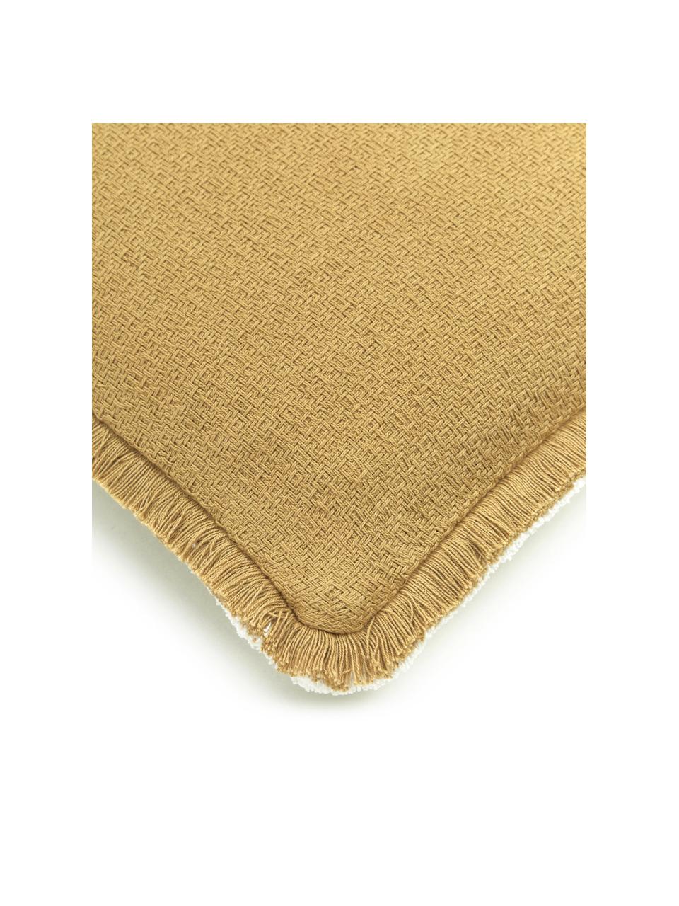 Copricuscino reversibile color giallo con frange decorative Loran, 100% cotone, Giallo senape, bianco crema, Larg. 30 x Lung. 50 cm