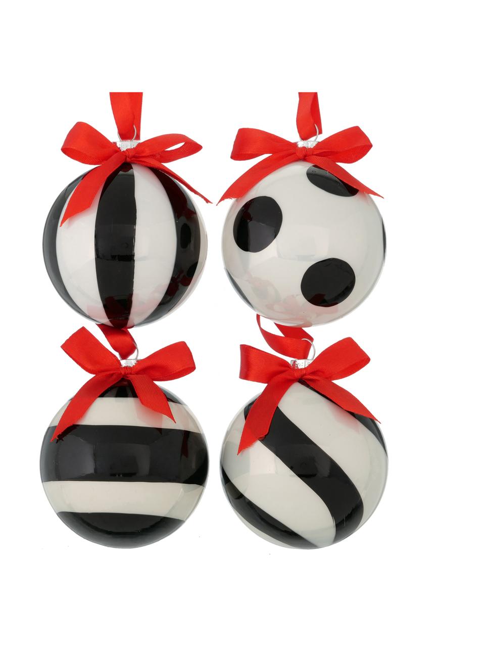 Kerstballenset Geoma, 4-delig, Zwart, wit, rood, Ø 8 cm