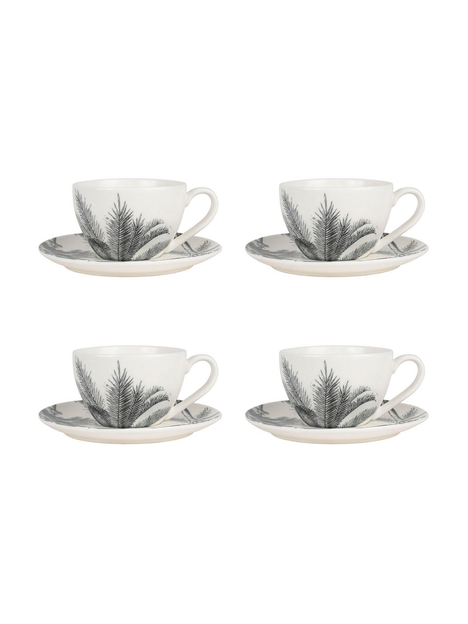 Tazas de café con platitos Papaye, 4 uds., Porcelana, Blanco, negro, Ø 9 x 7 cm
