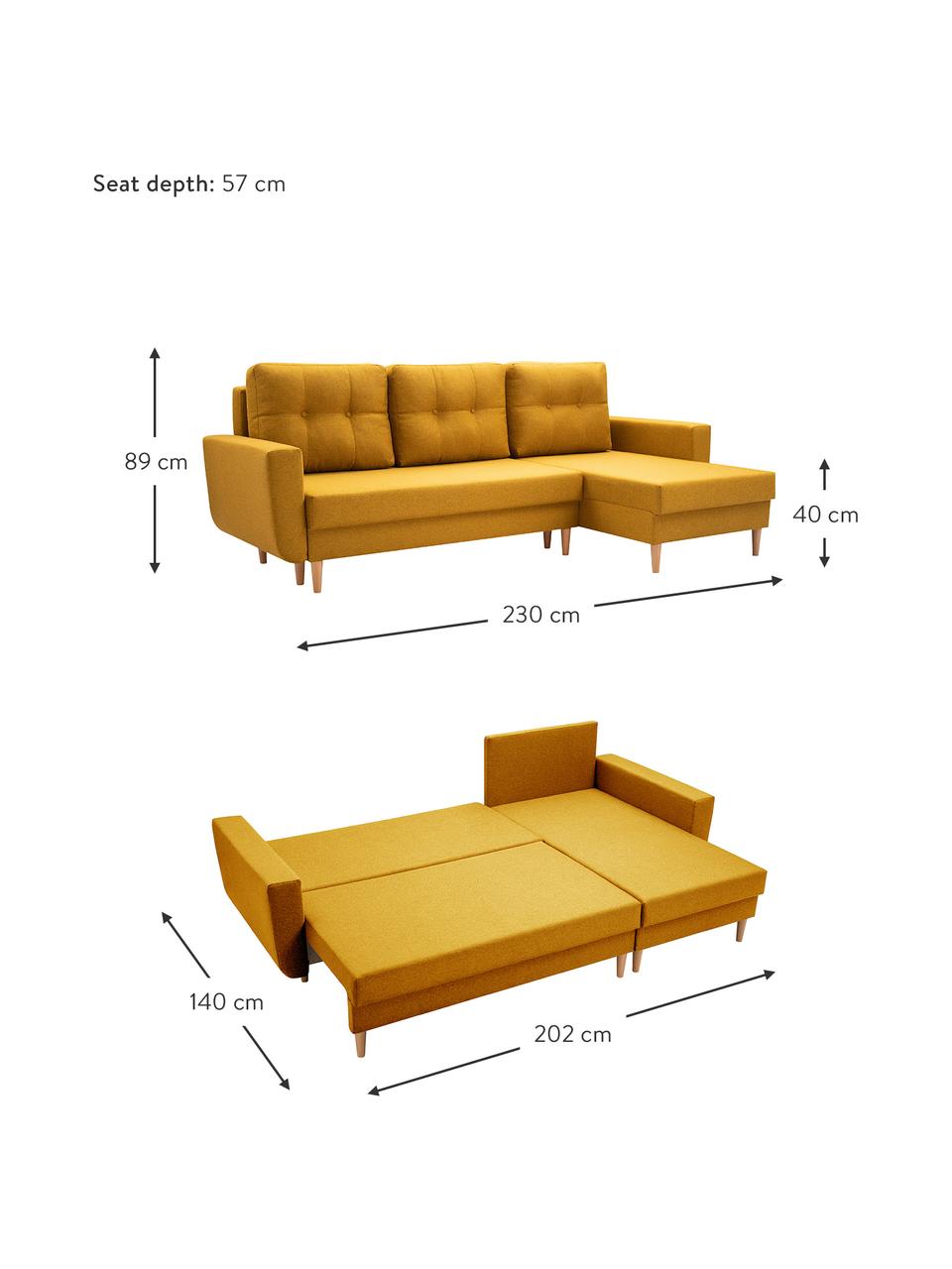 Sofa narożna z funkcją spania i miejscem do przechowywania Neo (4-osobowa), Tapicerka: 100% poliester, Żółty, S 230 x G 140 cm