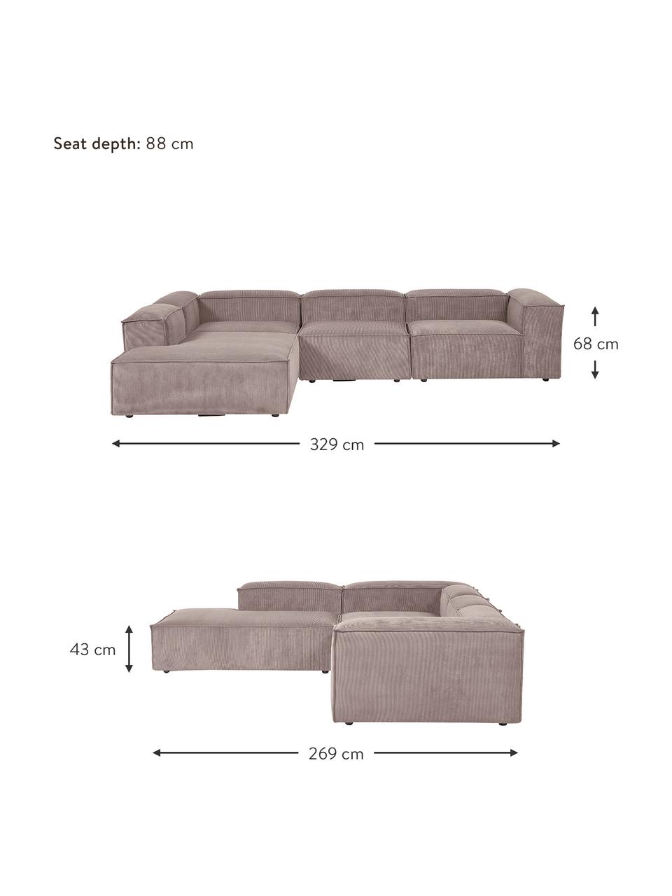Canapé d'angle XL modulable en velours côtelé Lennon, Velours côtelé brun, larg. 329 x prof. 68 cm, méridienne à gauche