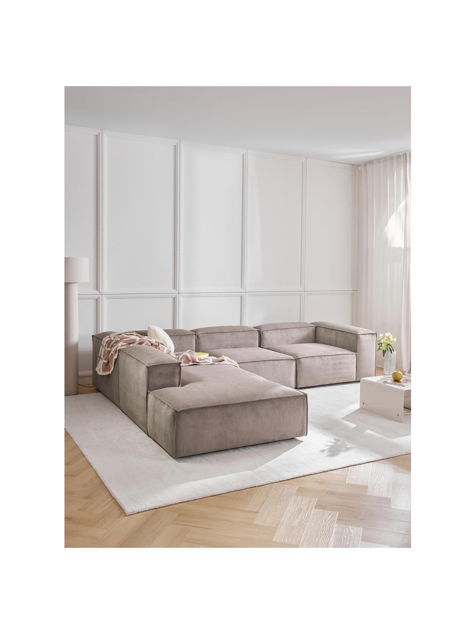 Modulares XL-Ecksofa Lennon aus Cord, Bezug: Cord (92 % Polyester, 8 %, Gestell: Massives Kiefernholz, Spe, Füße: Kunststoff Dieses Produkt, Cord Taupe, B 329 x T 269 cm, Eckteil links