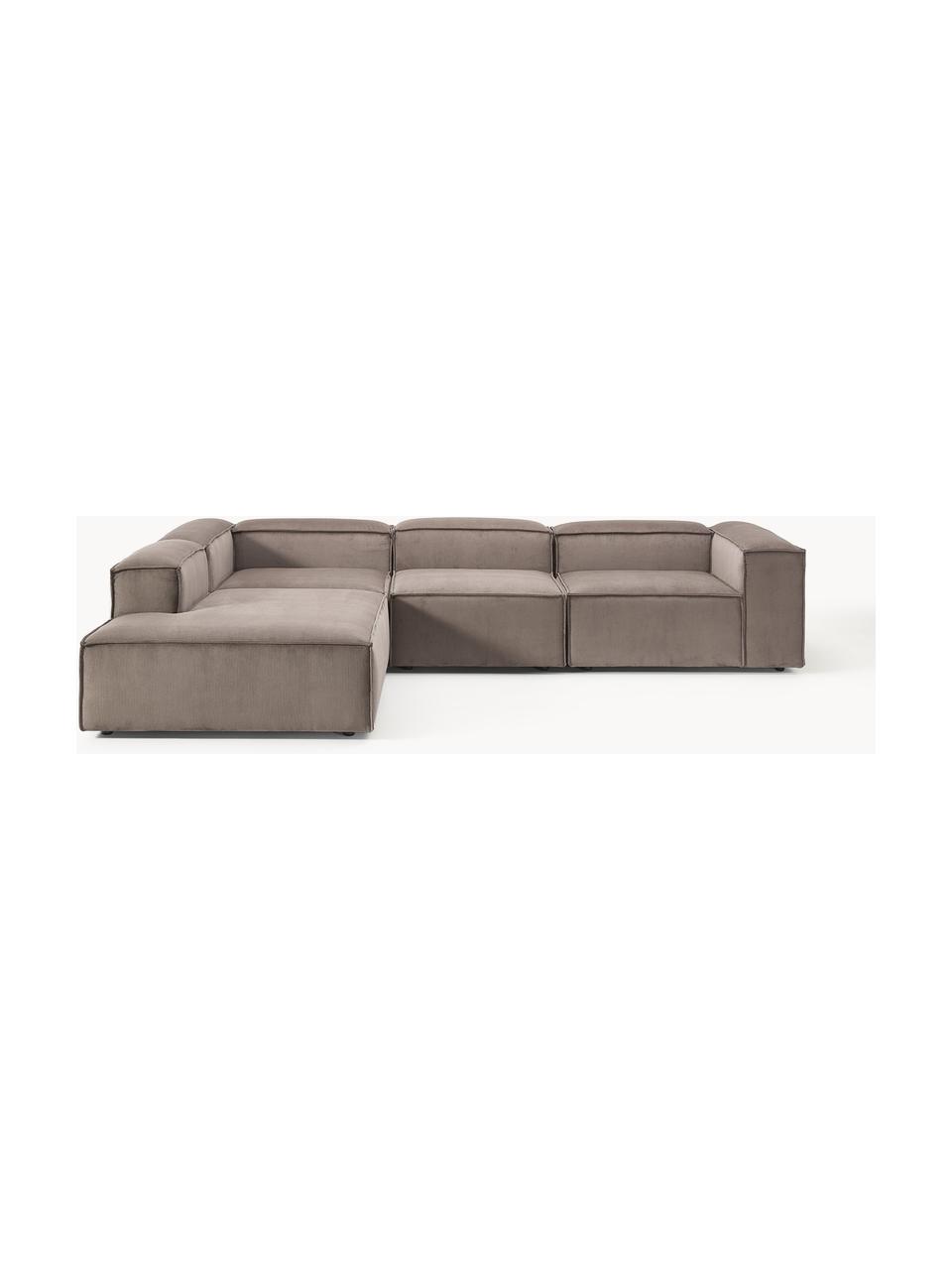 Modulares XL-Ecksofa Lennon aus Cord, Bezug: Cord (92 % Polyester, 8 %, Gestell: Massives Kiefernholz, Spe, Füße: Kunststoff Dieses Produkt, Cord Taupe, B 329 x T 269 cm, Eckteil links