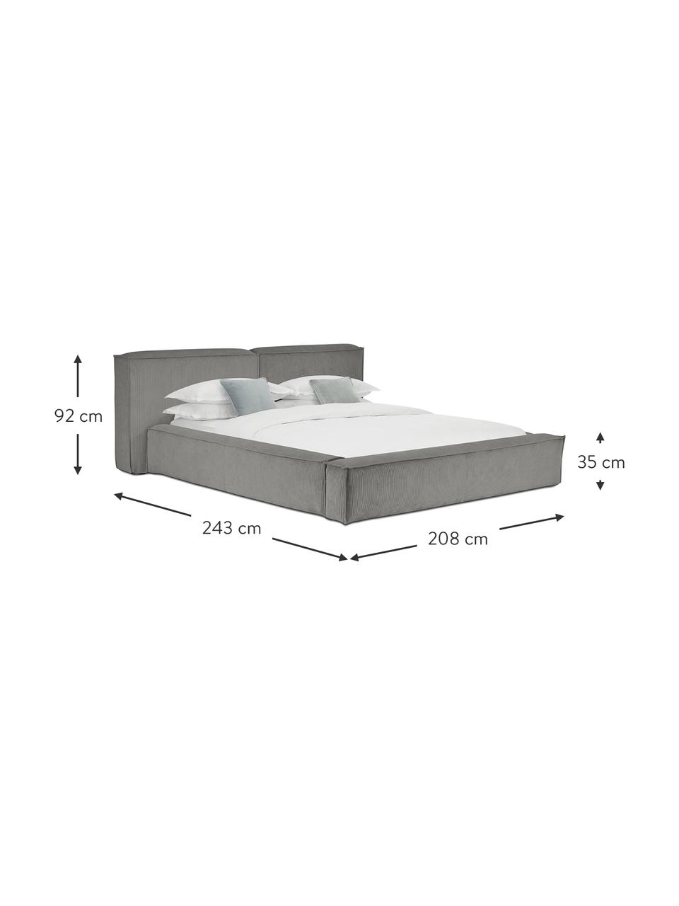 Letto imbottito in velluto a coste con contenitore Lennon, Rivestimento: velluto a coste (98% poli, Struttura: legno di pino massiccio c, Piedini: legno certificato FSC, pl, Velluto a coste grigio, Larg. 200 x Lung. 200 cm