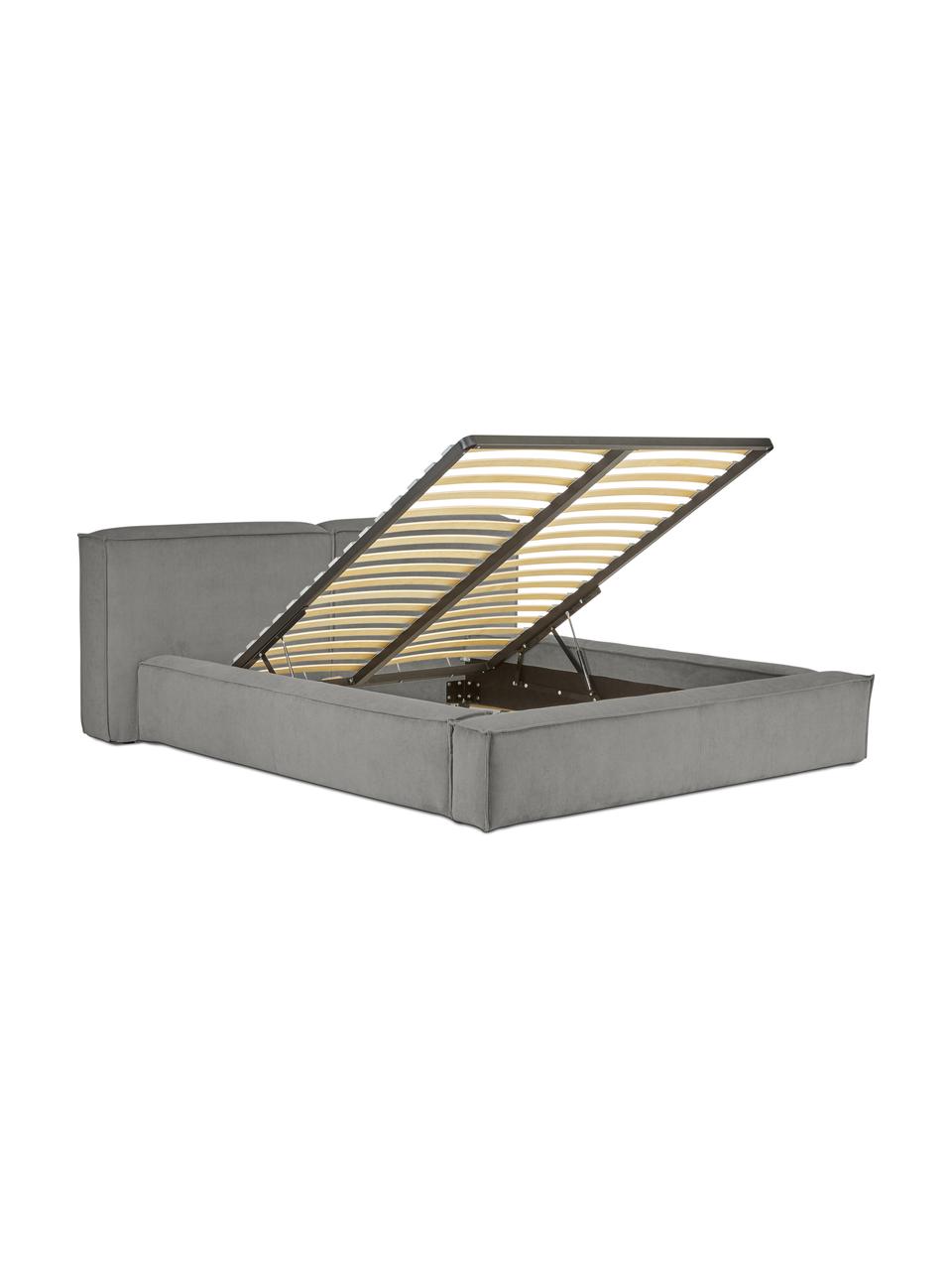 Cama tapizada en pana Lennon, con espacio de almacenamiento, Tapizado: pana (98% poliéster, 2% p, Estructura: madera de pino maciza con, Patas: madera con certificado FS, Pana gris claro, An 180 x L 200 cm