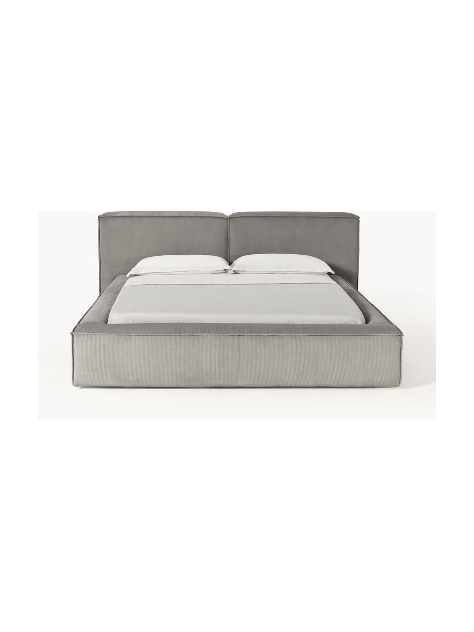 Cama tapizada en pana Lennon, con espacio de almacenamiento, Tapizado: pana (98% poliéster, 2% p, Estructura: madera de pino maciza, ma, Patas: madera, plástico Este pro, Pana gris, An 248 x L 243 cm (colchón 180 x 200 cm)