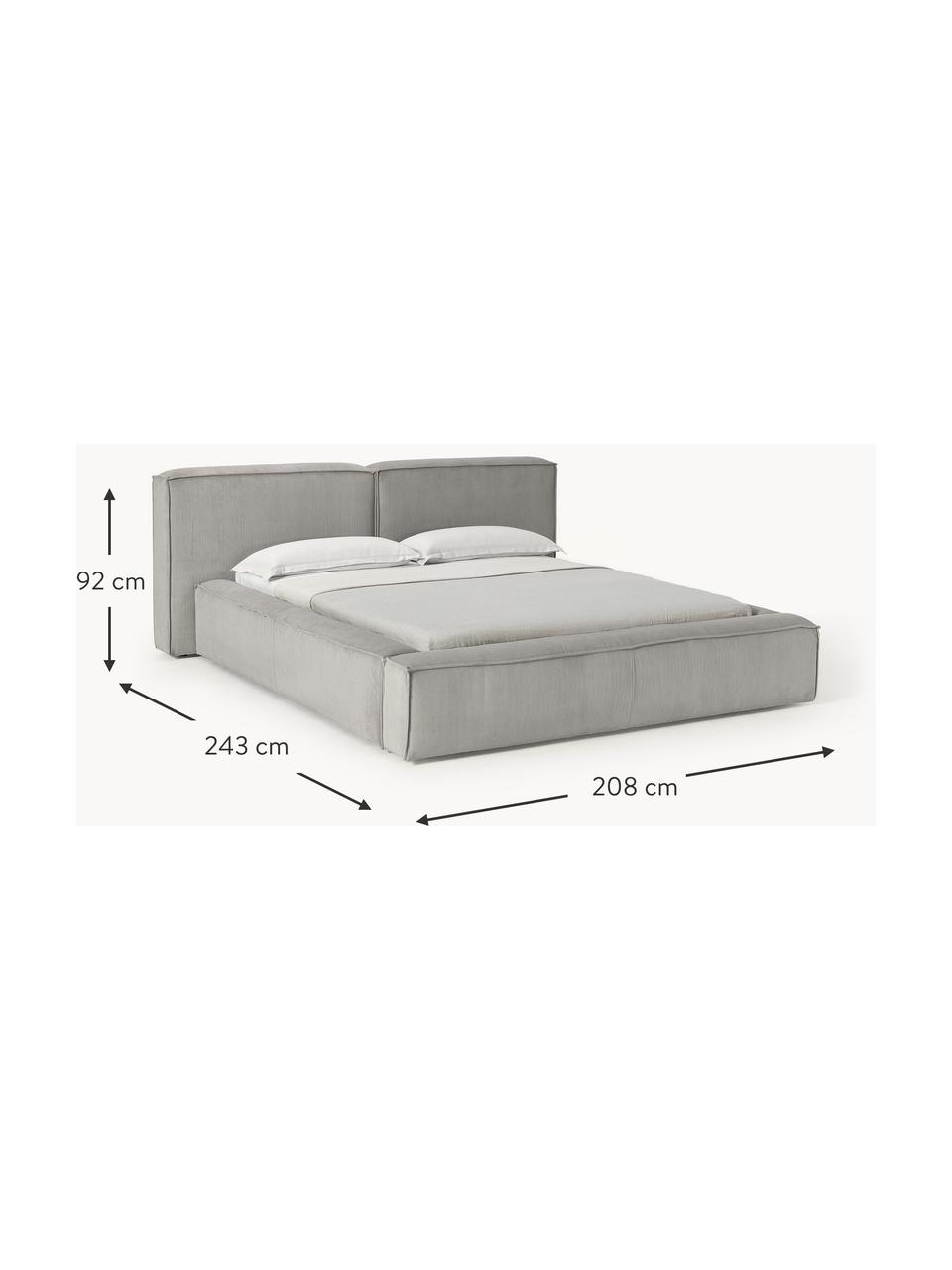 Cama tapizada en pana Lennon, con espacio de almacenamiento, Tapizado: pana (98% poliéster, 2% p, Estructura: madera de pino maciza, ma, Patas: madera, plástico Este pro, Pana gris, An 248 x L 243 cm (colchón 180 x 200 cm)