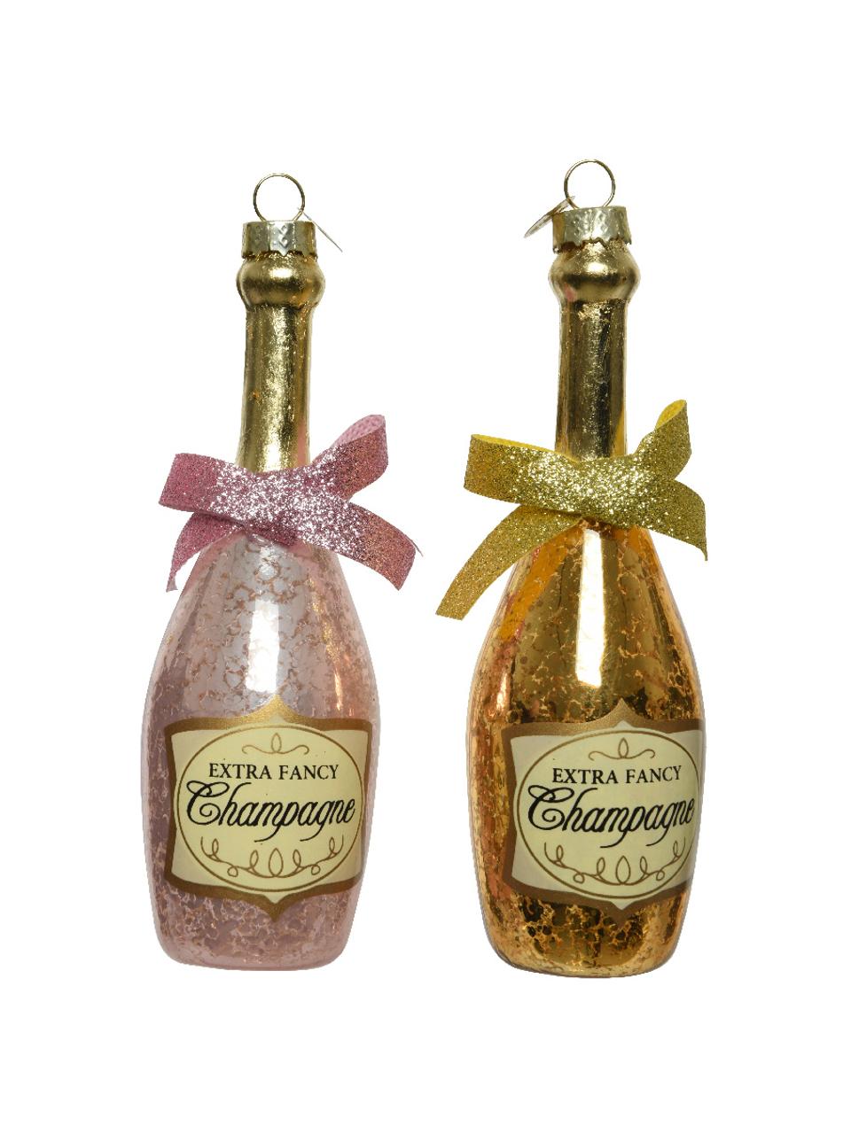 Décoration sapin de Noël Champagne, lot de 2 élém., Verre, Couleur champagne, couleur dorée, Ø 5 x haut. 14 cm