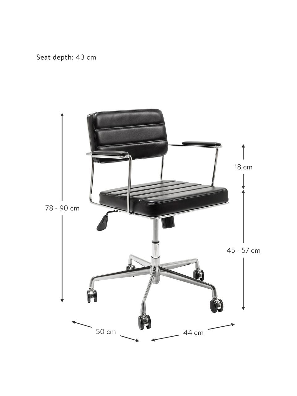 Kunstleder-Schreibtischstuhl Dottore, Bezug: Kunstleder (100% Textil, , Sitzschale: Schichtholz, naturbelasse, Gestell: Stahl, verchromt, Rollen: Polyurethan, Kunstleder Schwarz, Chromfarben, B 44 x T 50 cm