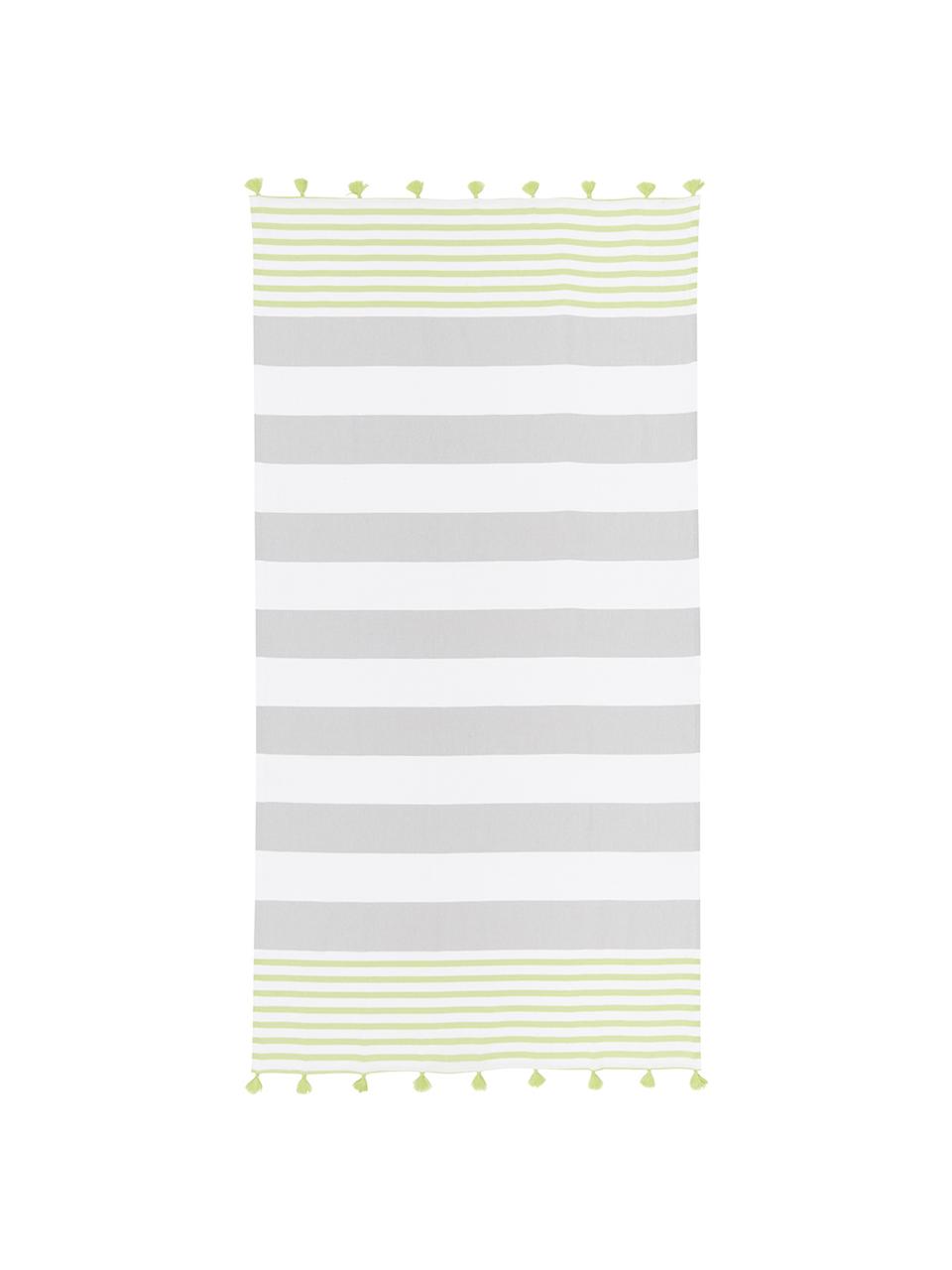 Fouta à rayures et houppes Pytris, Vert, gris, blanc