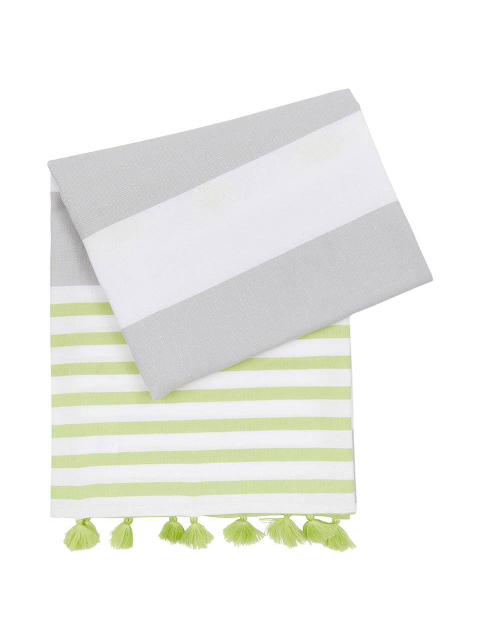 Fouta à rayures et houppes Pytris, Vert, gris, blanc